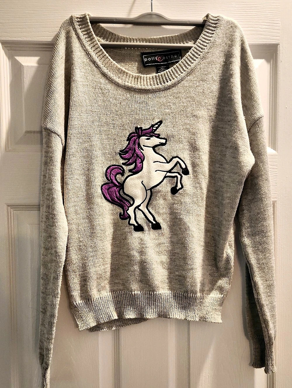Polly & Esther Gray Unicorn Patch Sweater Unicorn Graphic Crewneck Sweater 2